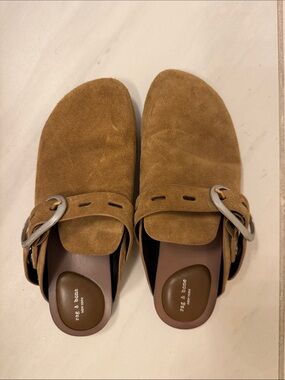rag & bone Tan Suede Slip-On Clogs with Silver Buckle